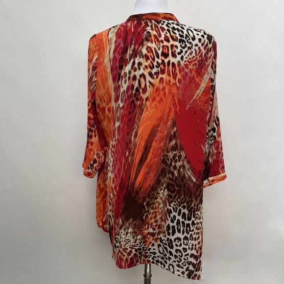 Zac & Rachel Womens Asymmetirical Top Large Red Orange Brown Beige Animal Print - Picture 4 of 9